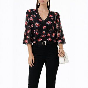CLAUDIE PIERLOT BECOT Black Floral Lace Trim V-Neck 3/4 Sleeve Blouse‎ Size 36